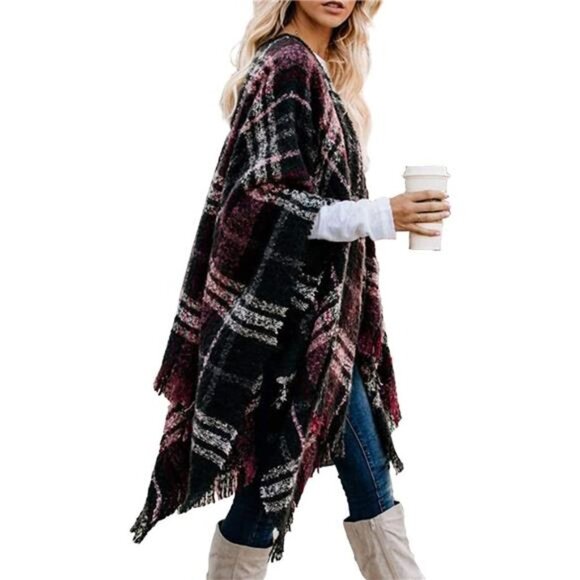 Women's Boho Open Front Poncho Knitted Plaid Shawl Wrap Cape Tassel Cardigan - Picture 1 of 7